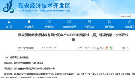 總投資30億元！年產(chǎn)4萬噸磷酸鐵（錳）鋰項目環(huán)評公示